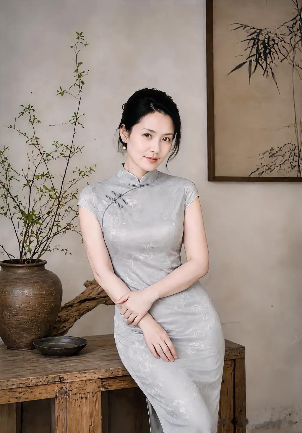 银灰旗袍勾勒东方韵致，盘扣轻锁岁月温婉。她倚木桌而立，旁有枯枝新绿、古画相伴，于