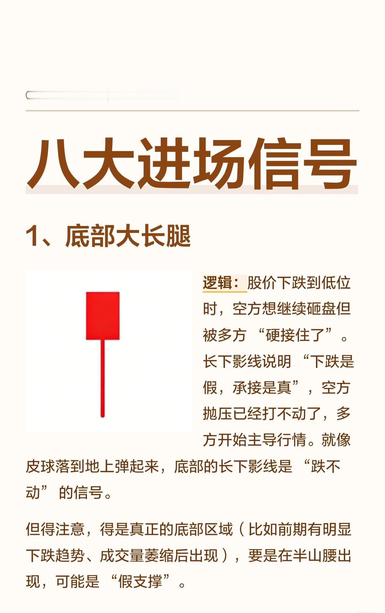 八个经典的看涨进场信号。以下是对这些信号的总结：1.底部大长腿在股价下跌至
