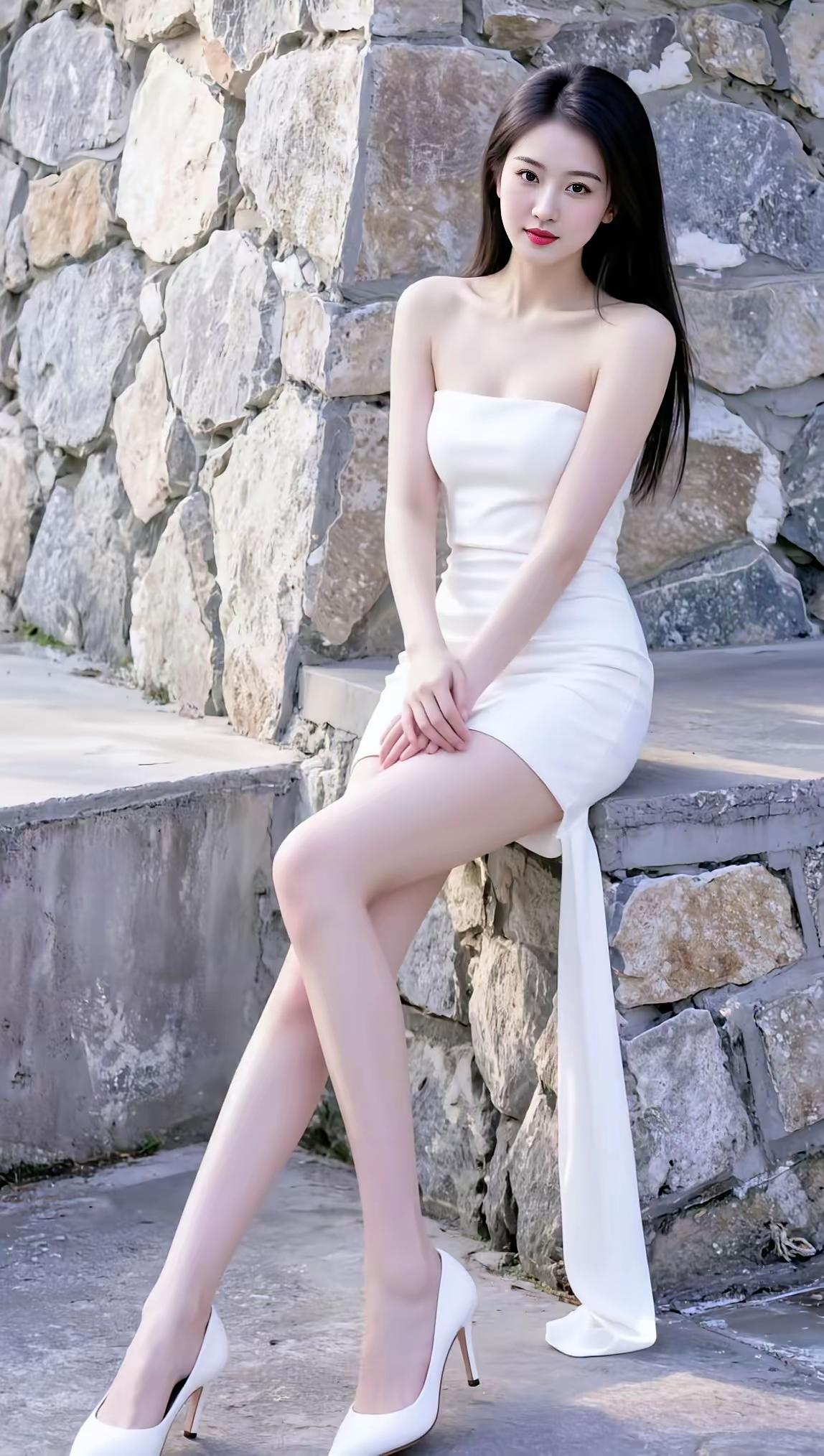 优雅白裙，石墙背景，气质女神，高跟鞋，完美造型