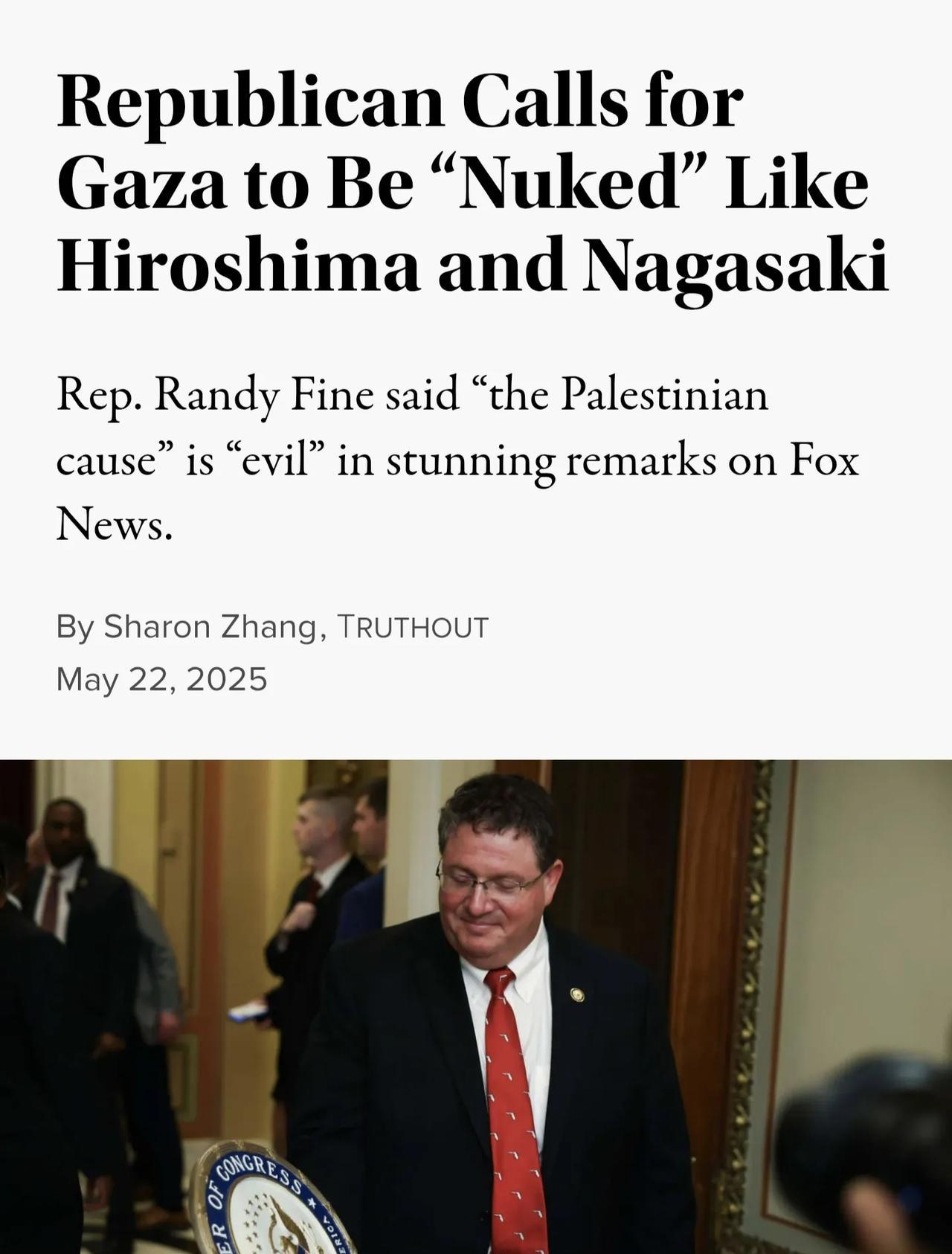 美国共和党犹太众议员RandyFine简直太可怕了！前几天以色列驻美使馆工作人