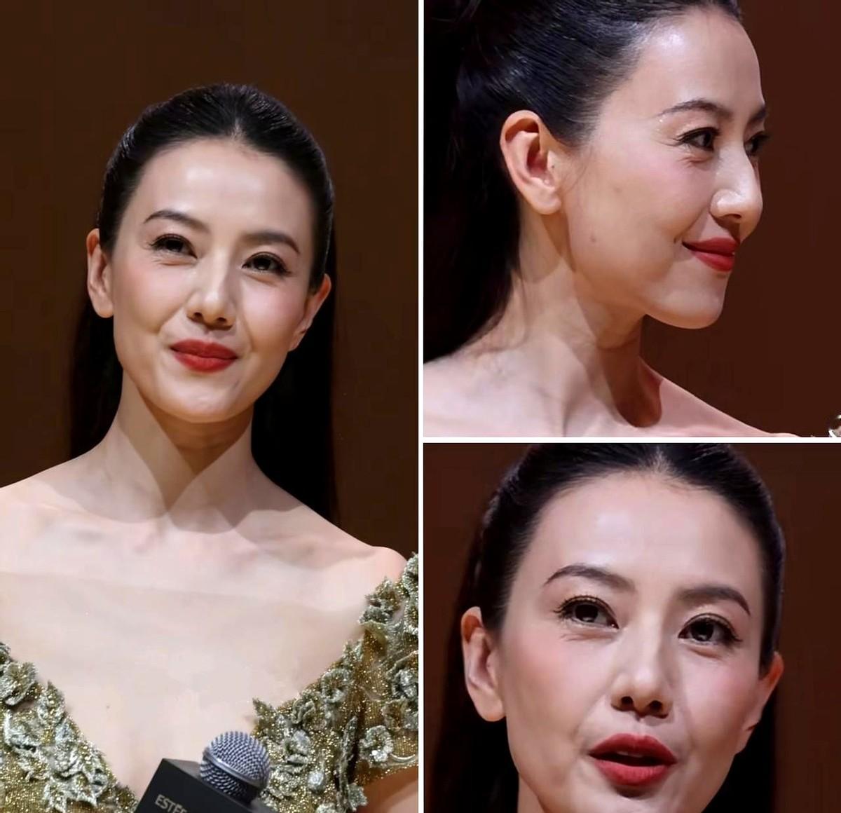 我刚才看了高圆圆昨天品牌活动的视频。她站在台上，对着那么亮的镜头。居然，在聊