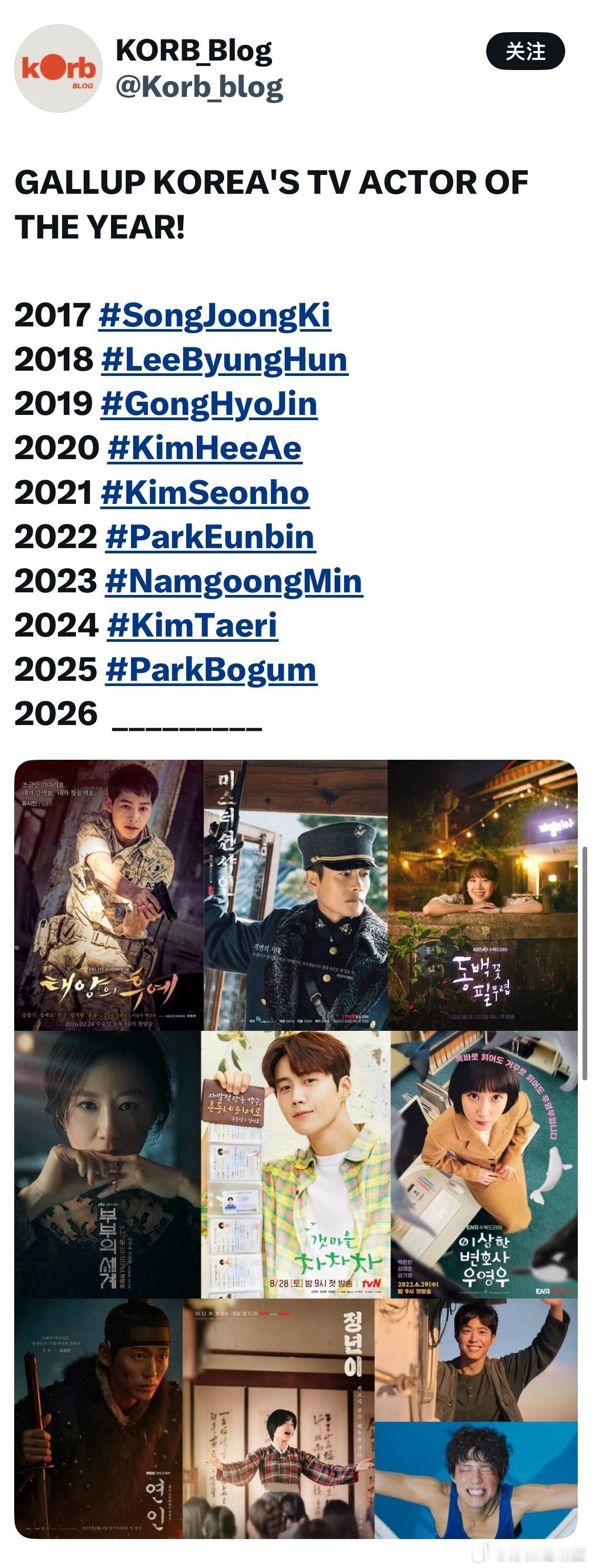 盖洛普韩国年度最佳韩剧演员一位总结2017宋仲基2018李秉宪2019