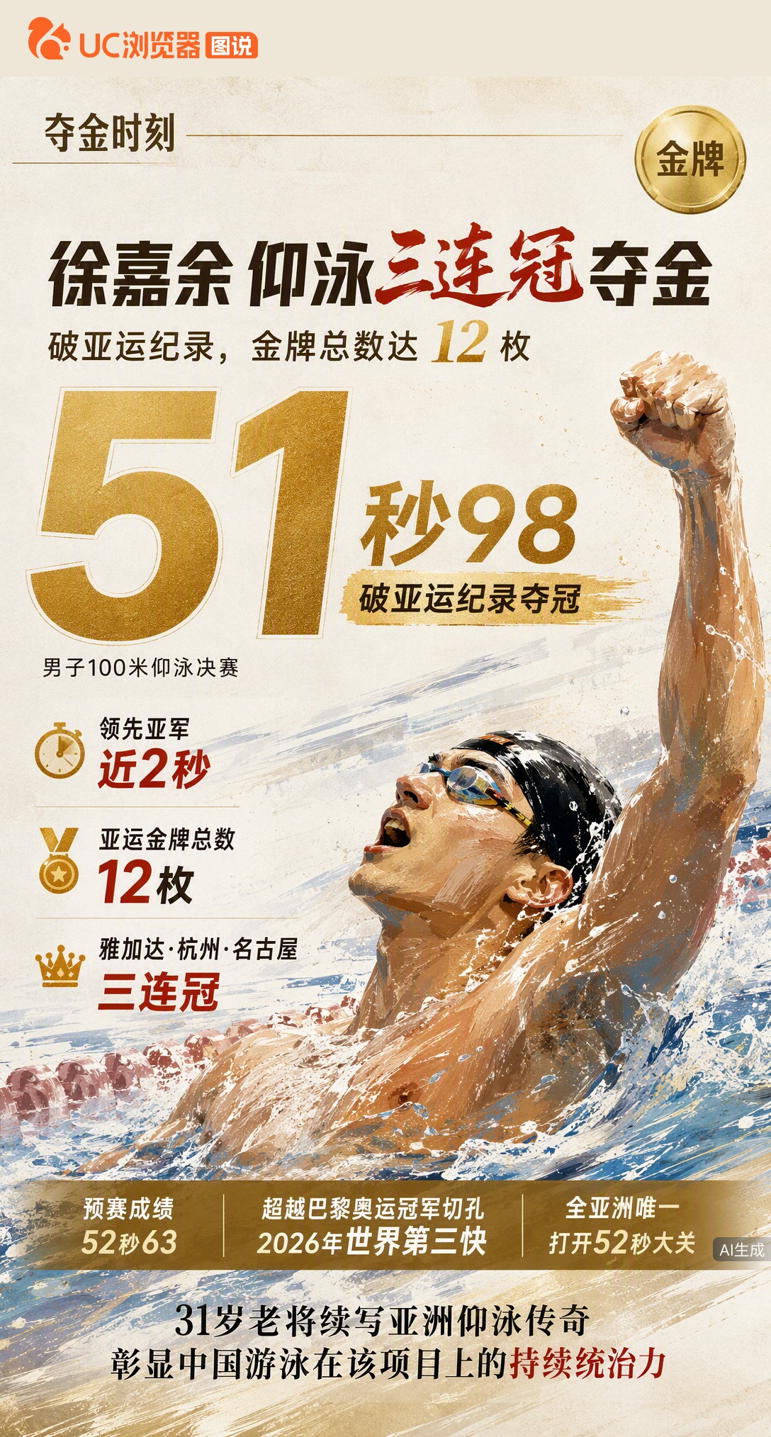 51秒98破亚运纪录！徐嘉余男子100米仰泳夺冠，达成三连冠。31岁老将拿下个人第12枚亚运金牌，领