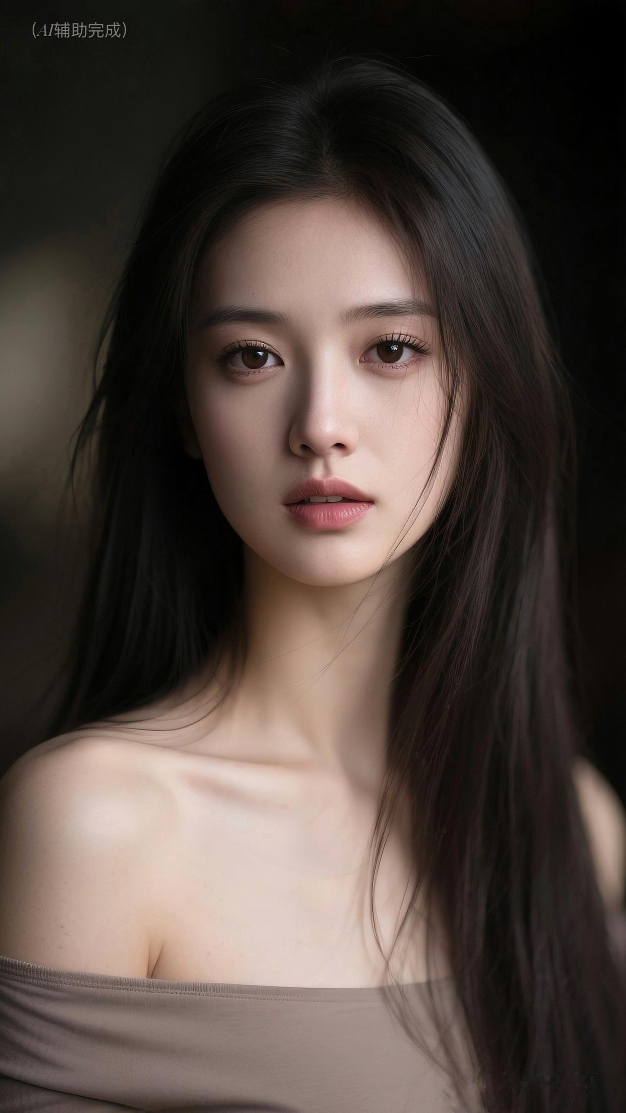 乌发如绸垂落，露肩雅衫展肩颈如画。眉眼含情唇若樱，白皙肌理映柔光。深色虚化衬静谧