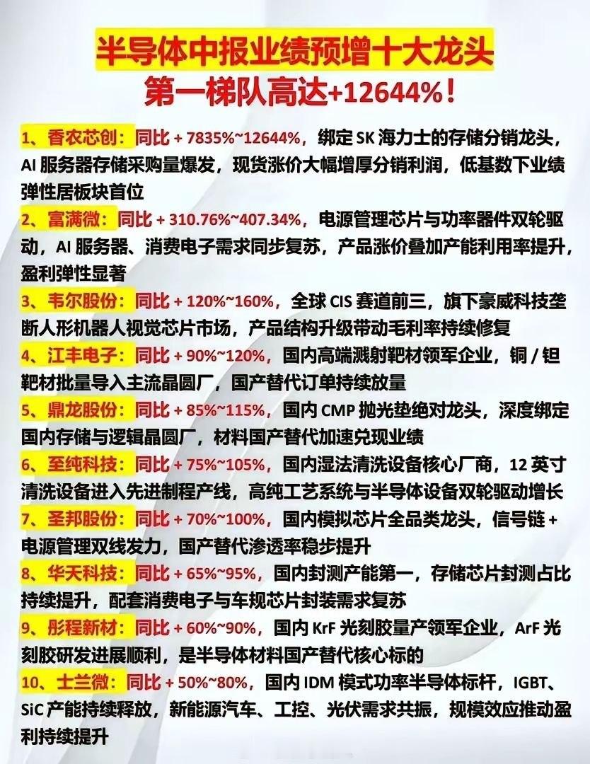 半导体中报预增名单已经陆续出炉，整体分成两个逻辑梯队。第一梯队是存储涨价带来的业