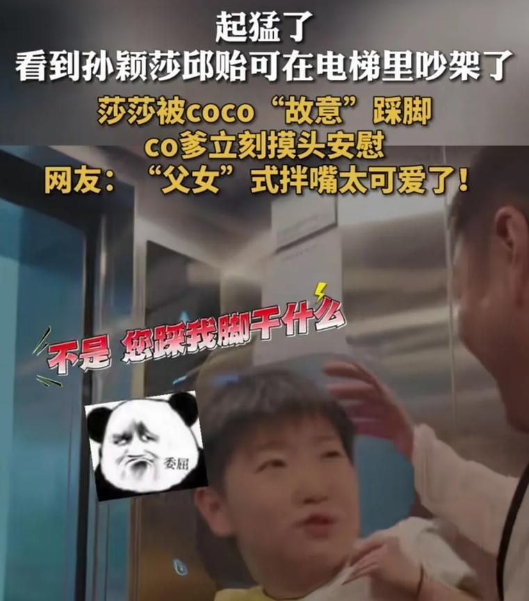 几个人进电梯，莎莎CoCo前后脚进来，可能太近了，CoCo不小心踩了莎莎的脚。