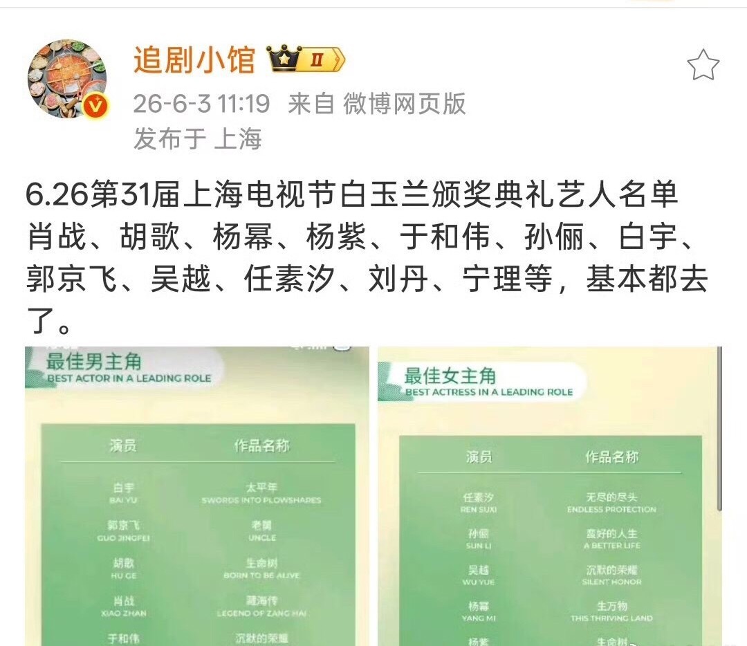 今年6.26白玉兰颁奖礼出席名单🈶️，提名演员全员出席