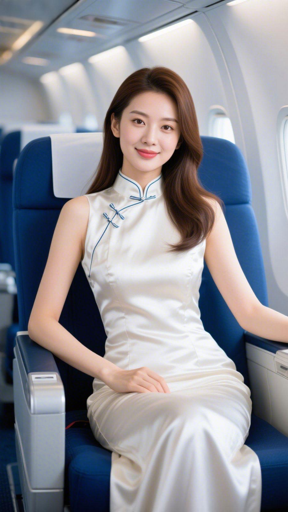 《白旗袍栖于云程》舷窗的光轻覆在她的白旗袍上，像把云絮妥帖织进了缎面。软润