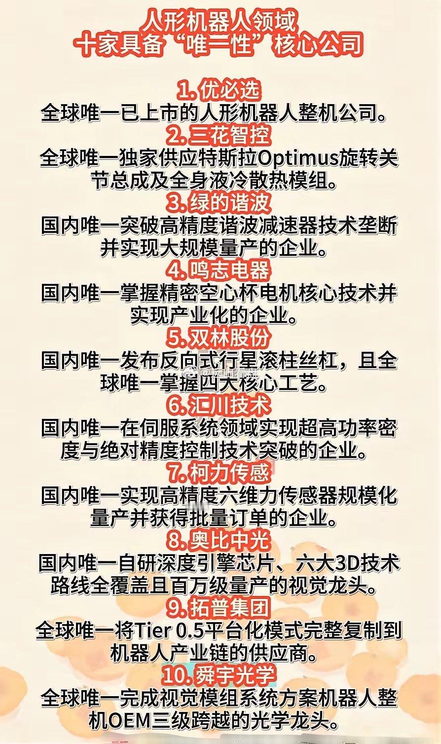 人形机器人领域十家具备“唯一性”核心公司人形机器人的核心机会1.产业拐点：20