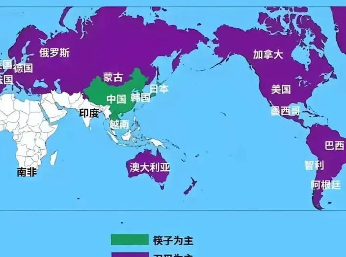 世界各国用餐方式地图。目前世界用餐方式主要有三种：刀叉、筷子和用手。大致分布范围