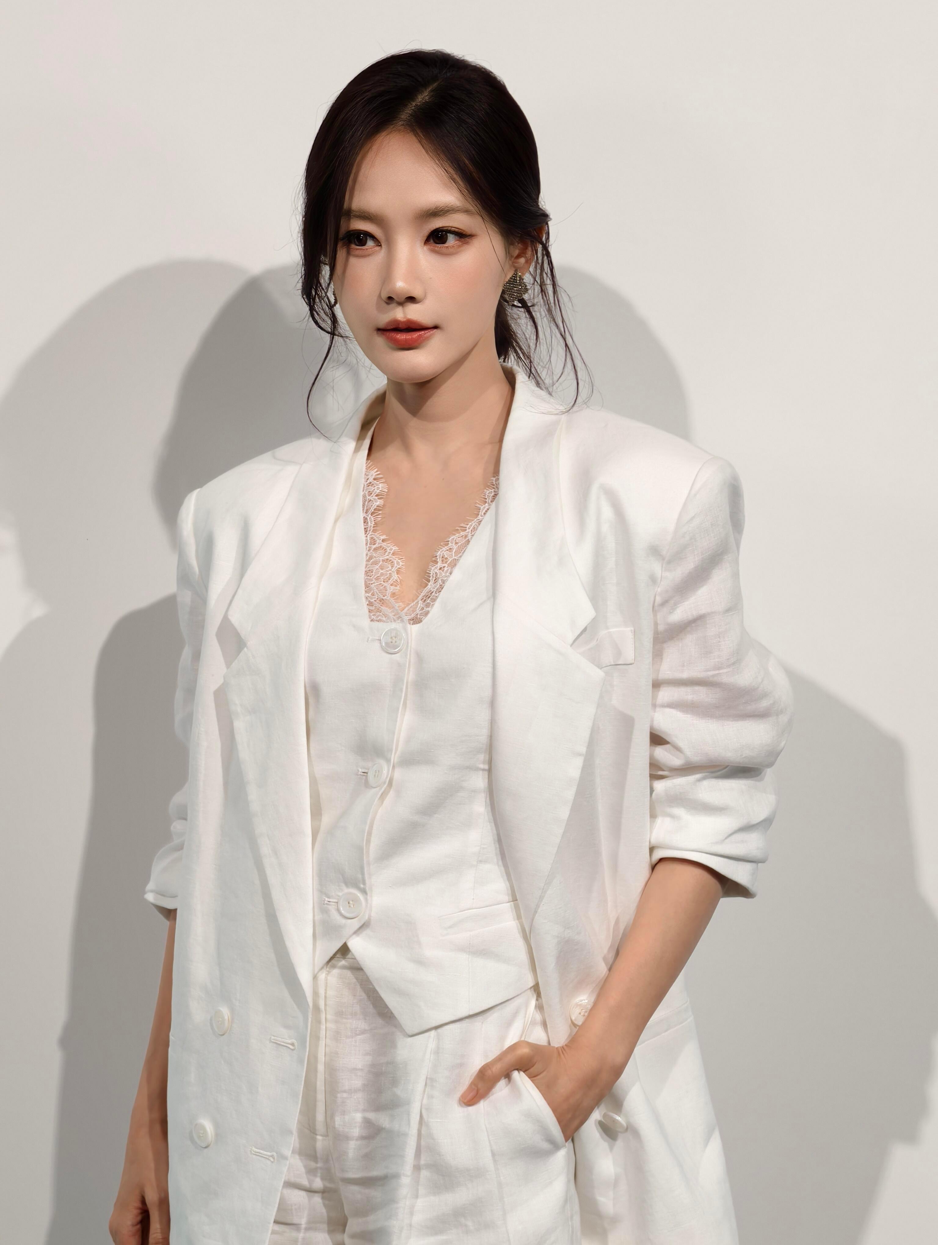 李一桐白色蕾丝西装超美