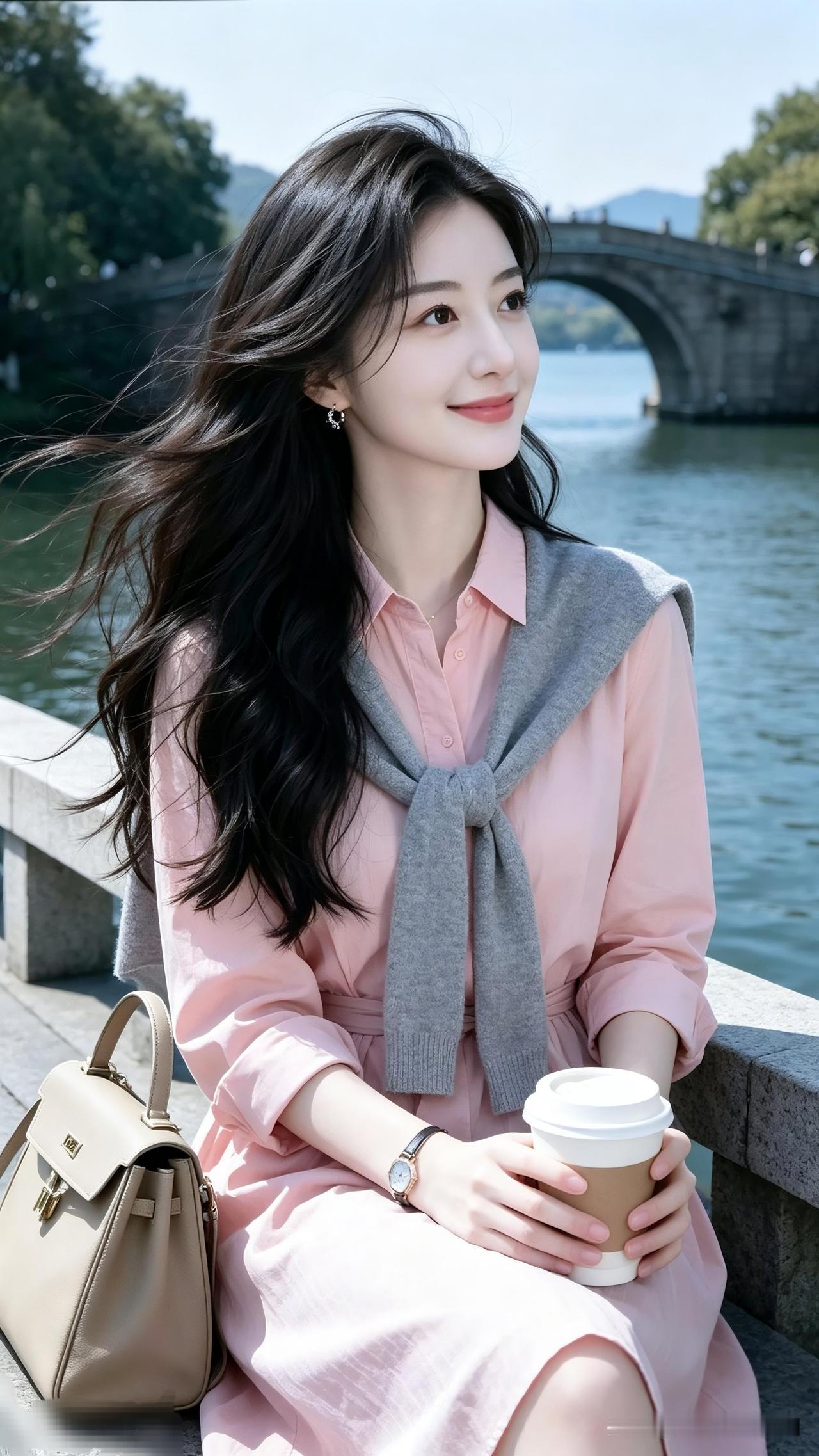 在湖畔享受悠闲时光，粉色连衣裙与咖啡的完美搭配🌸☕️