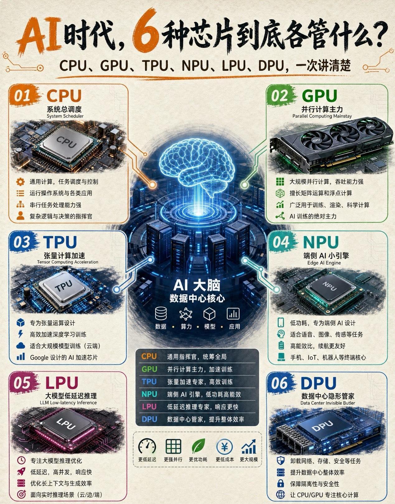 别再只知道CPU和GPU了！AI时代的6种芯片，一张图讲明白👇
