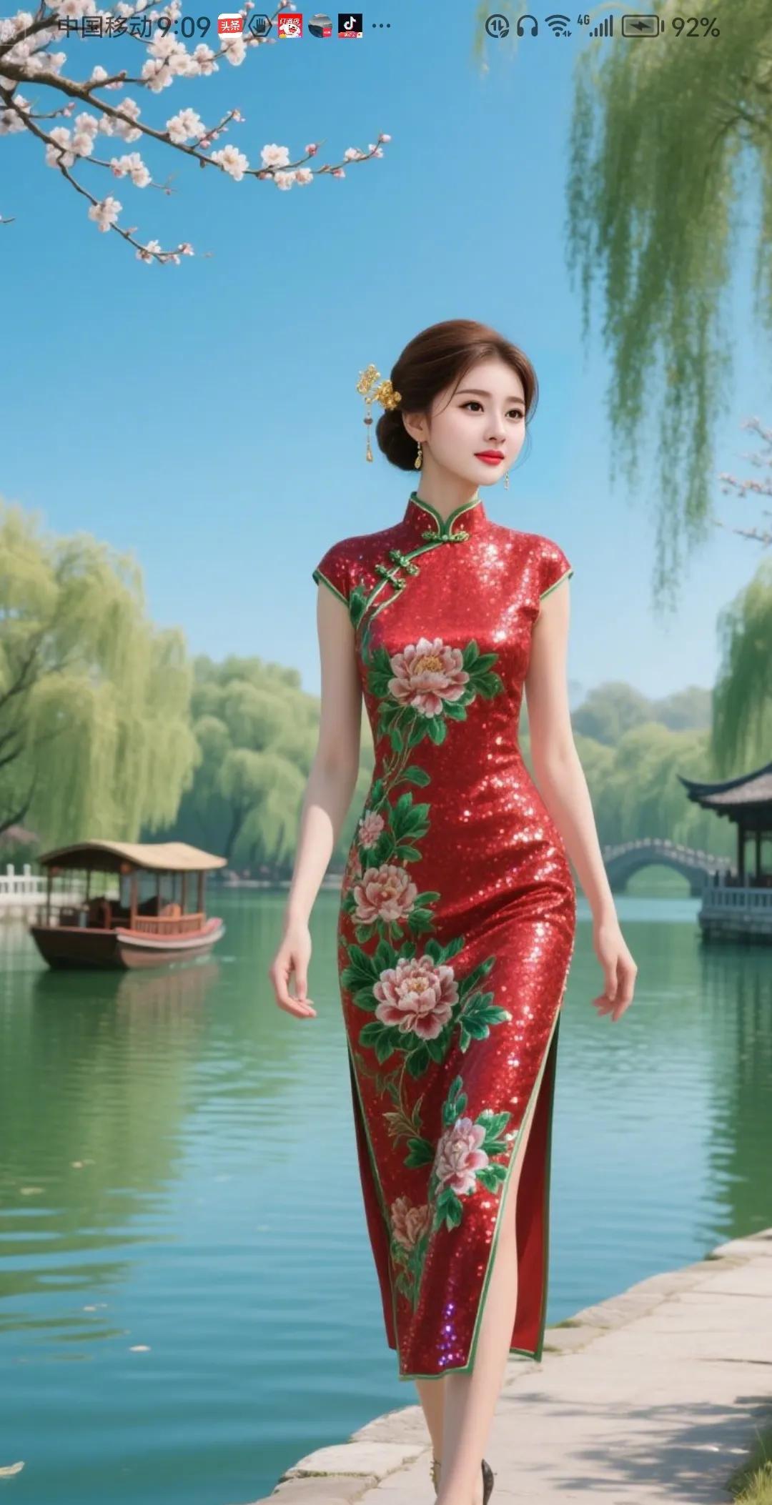 《七律·湖畔旗袍韵》/马进鹏柳烟轻笼画桥边，旗袍裁云映日鲜。朱色流光辉碧水，
