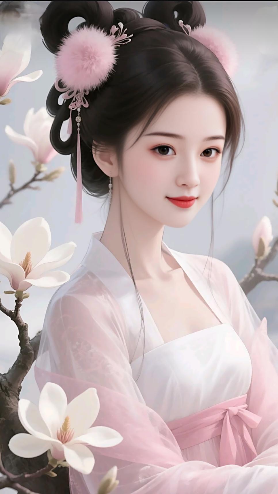 古典美人与盛开樱花，唯美如画清丽不染尘俗，温婉自带风华