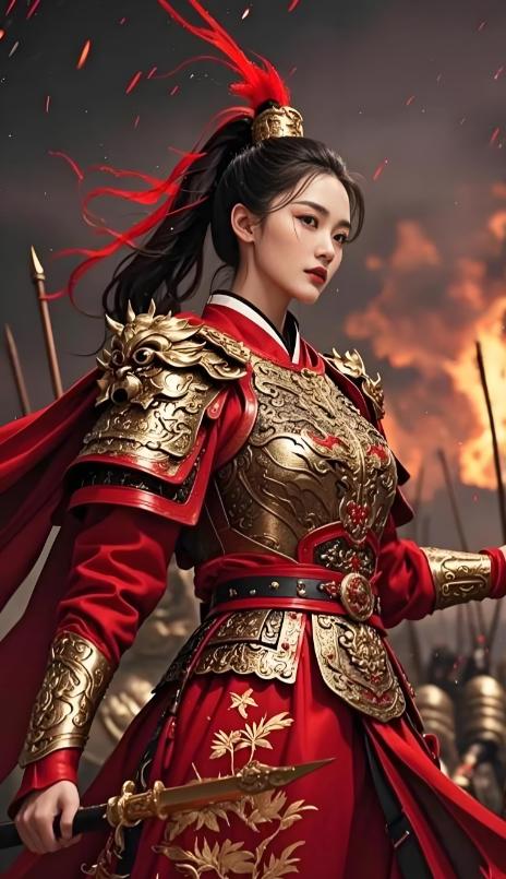 杨文广见辽国女将萧云娘杀了他妻子一家父女三人，咬牙切齿，挺枪来战萧云娘，萧云娘见