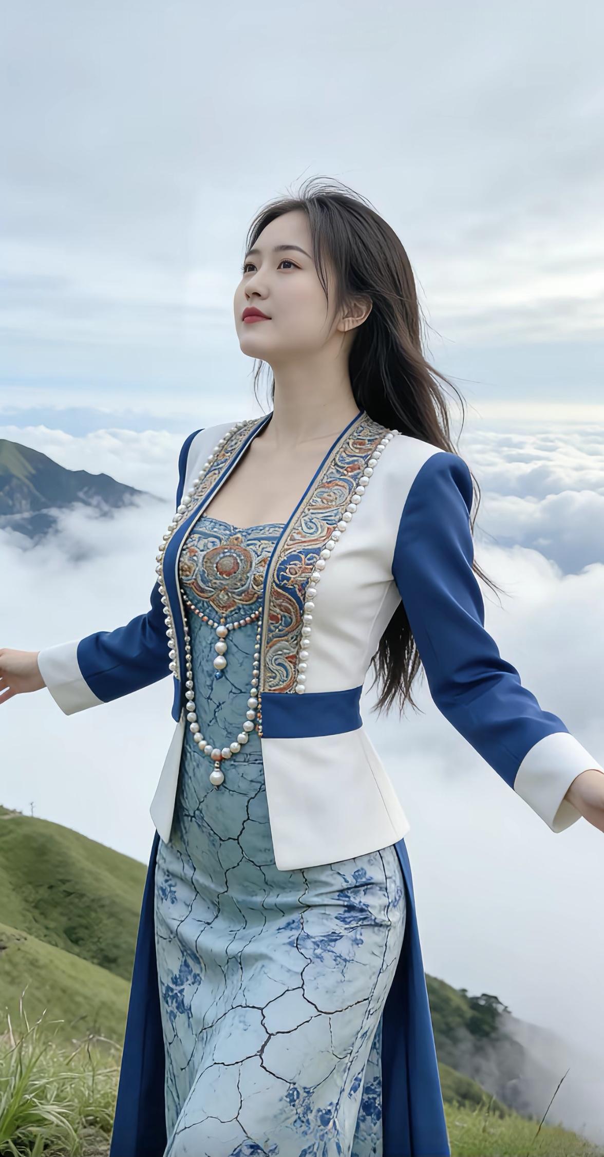 云海之上，仙气飘飘的蓝白相间长裙，宛如人间仙子。