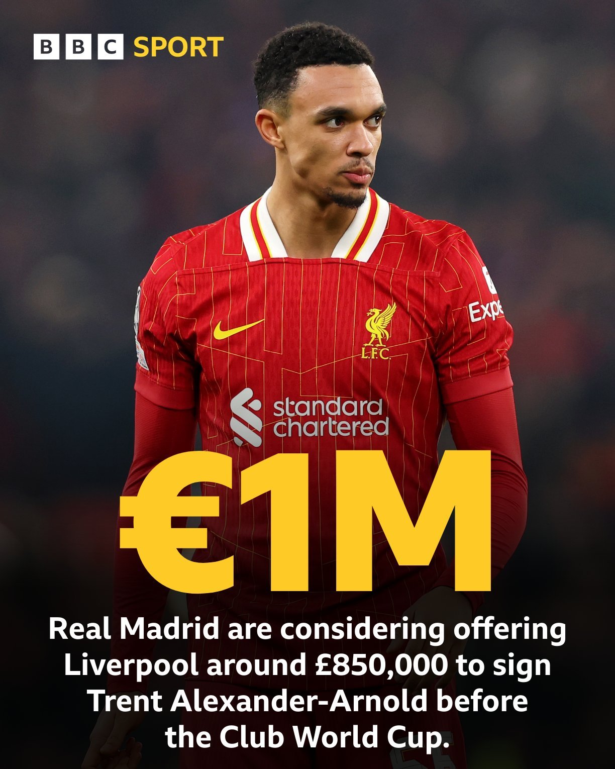 BBCSport：皇马将向利物浦提供100万欧作为补偿，以便提前让阿诺德参加世俱