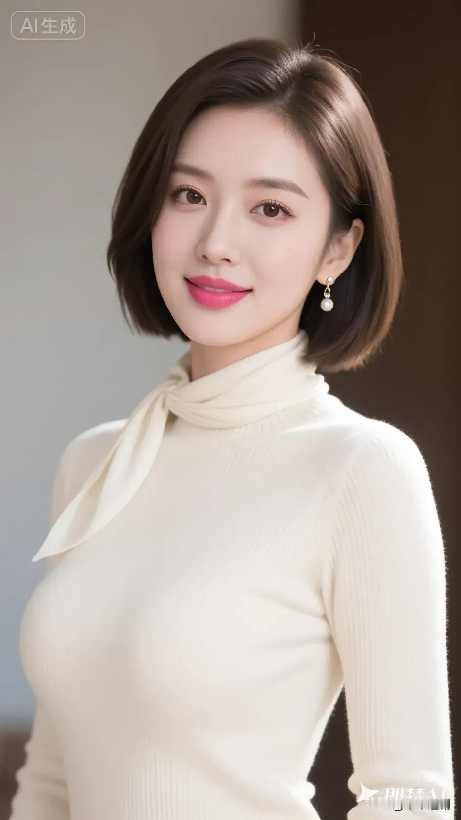 米白针织衫的领结垂着柔润弧度，短发衬得眉眼愈发清甜。暖光漫过细腻衣纹，浅笑间，把