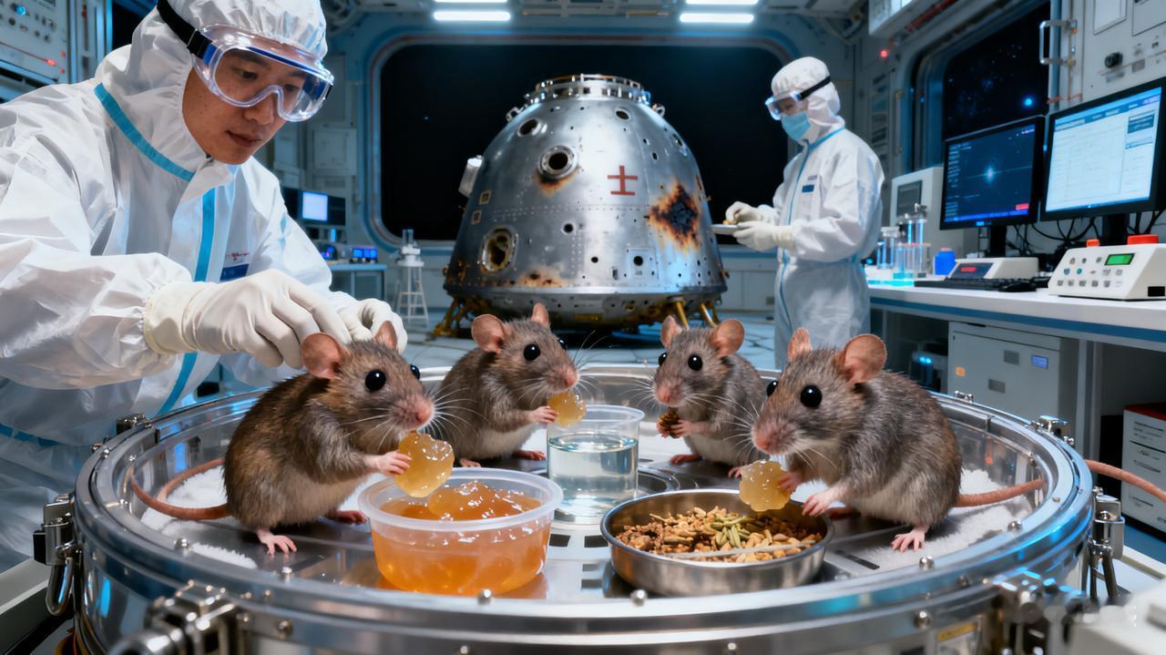 从太空返航的4只老鼠美滋滋的吃上果冻了！1月14日，神舟二十一号载人飞船携4