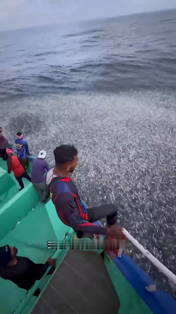 这是真实发生在大海上让所有渔民都无比激动的一幕。只见眼前这个男人掀起短袖，毫不犹
