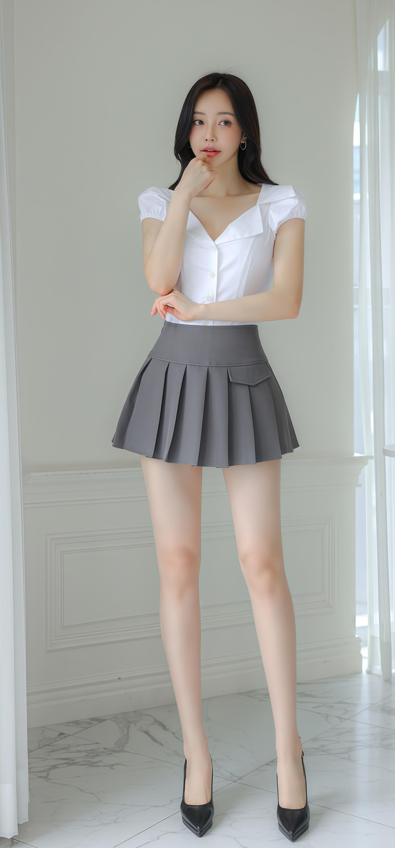 孙允珠优雅白衬衫+灰色百褶裙，简约又不失时尚感，完美展现都市女性魅力！