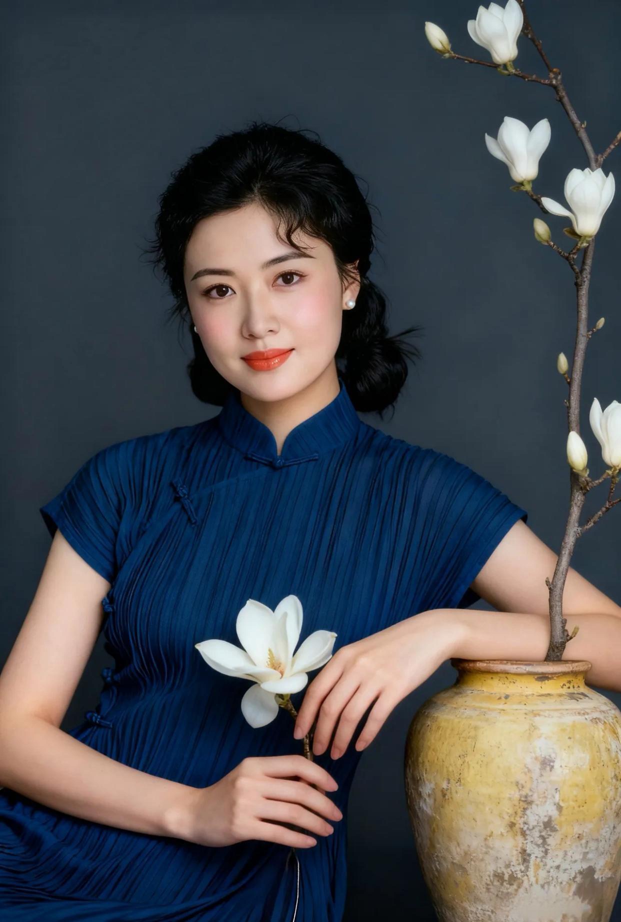 优雅蓝裙与白花相映，尽显东方韵味