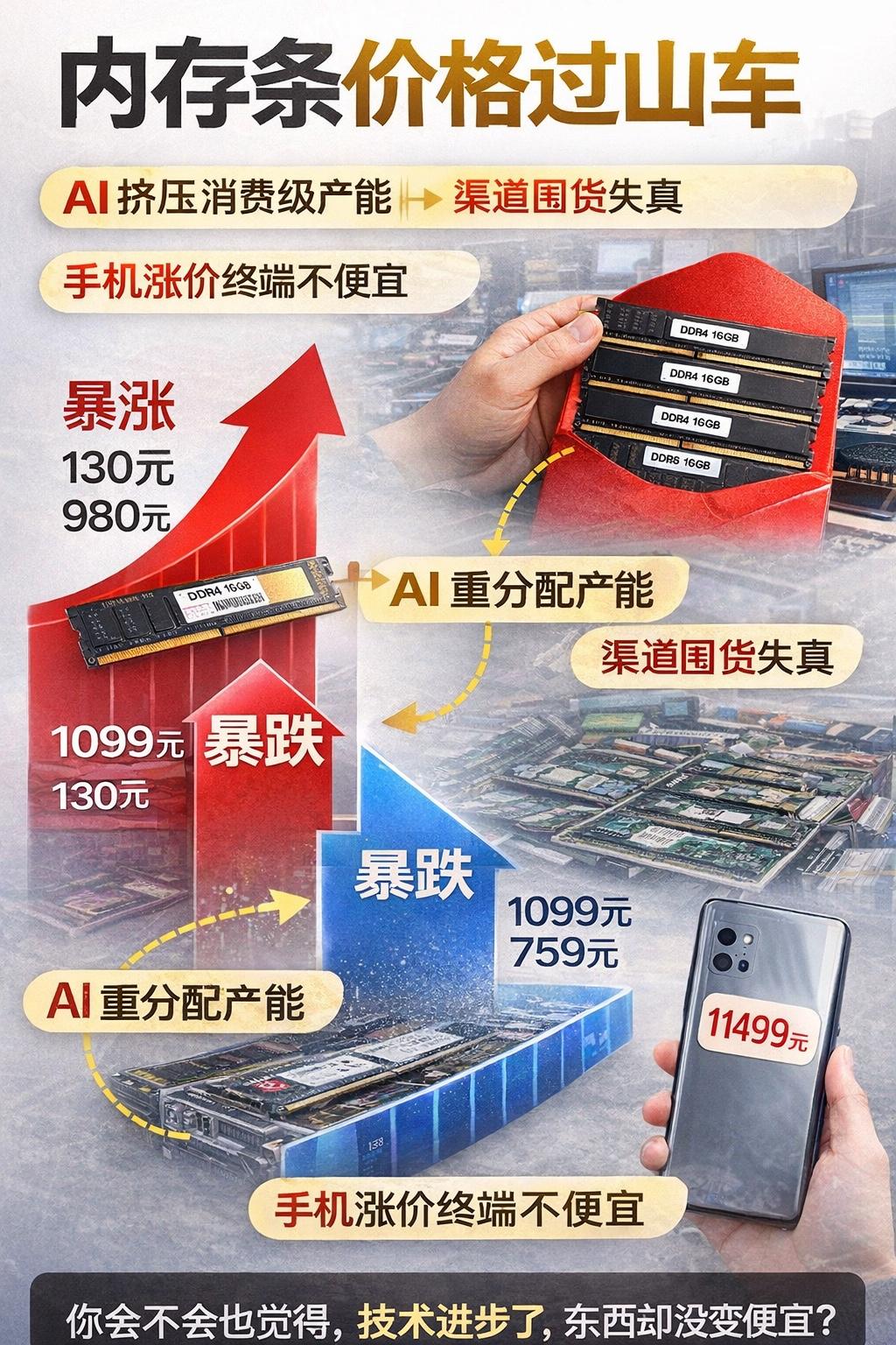 内存条价格过山车。很多人看到的是：一年暴涨，一个月暴跌。公开信息显示