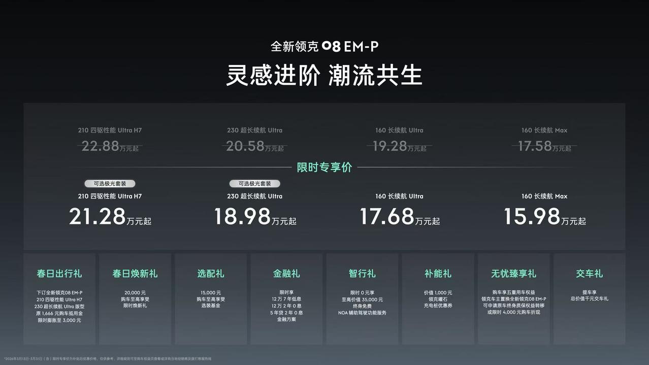 【限时15.98万元起，领克08EM-P推出极光套装】3月19日，领克08E