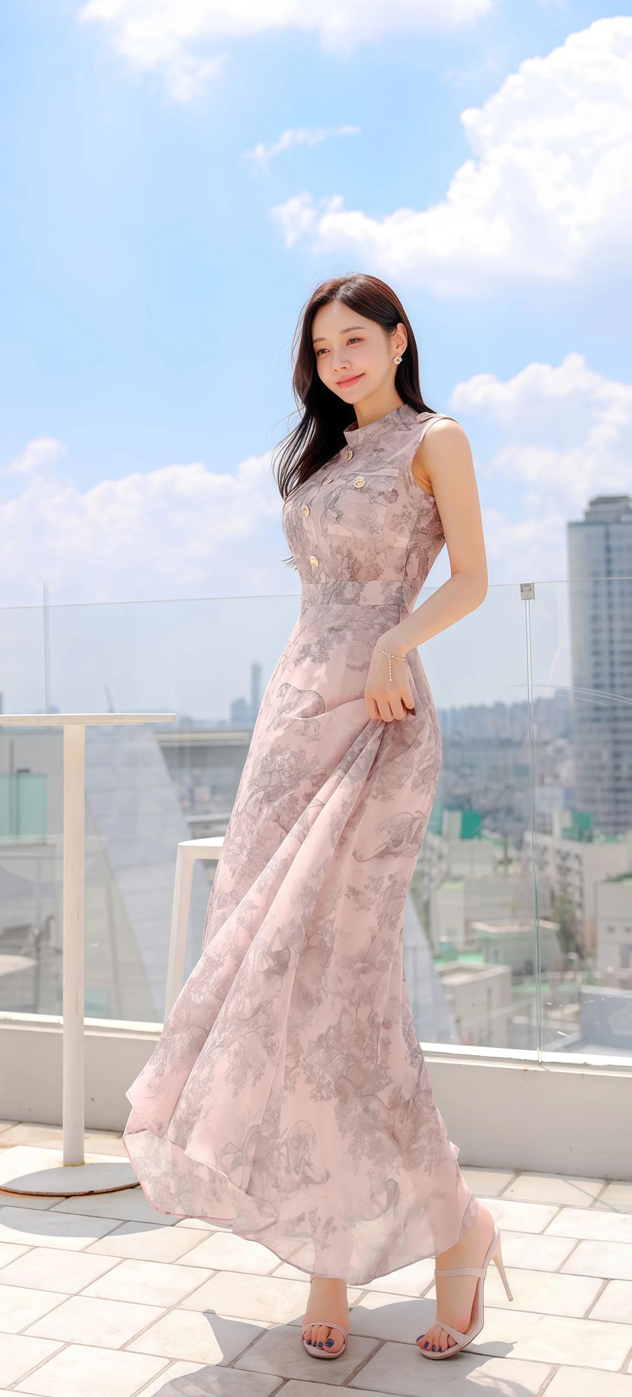 优雅气质，粉色印花长裙，都市天际线下的时尚穿搭