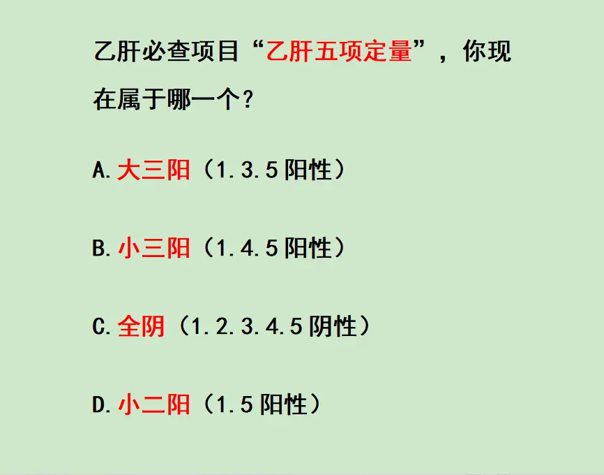 A.大三阳（1、3、5 阳） 表面抗原、e 抗原、核心抗体阳性。病毒复...