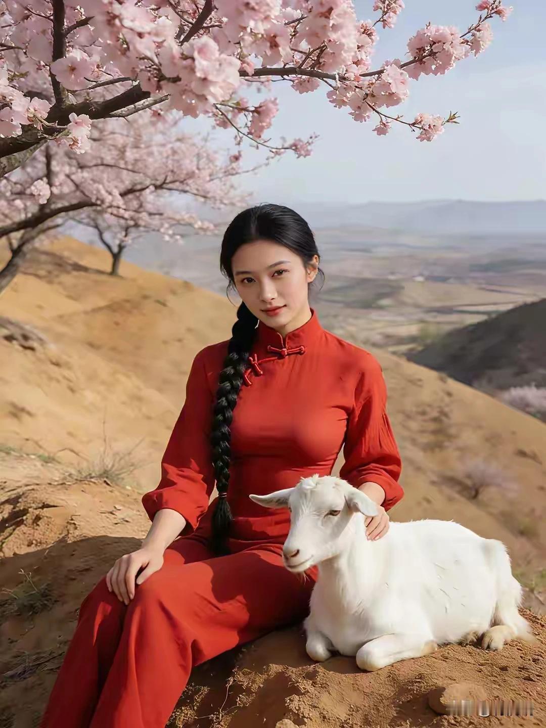 黄土高坡，乡野佳人一眼沦陷，红妆白羊春日景色，甜透山野绿水青山，难得一见