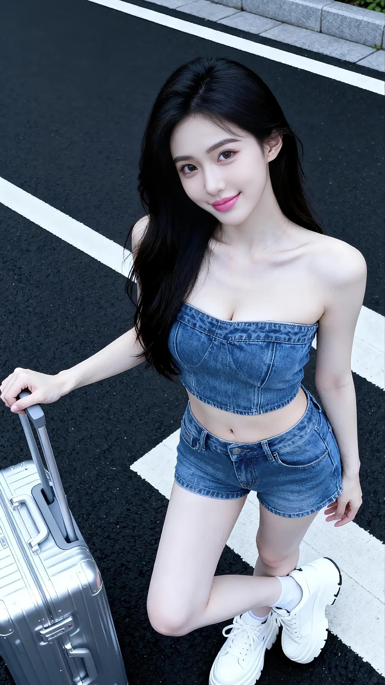 这姑娘打扮得真时尚，拎着行李箱出门了。随手拍张图，分享美好瞬间挑行李女孩时尚