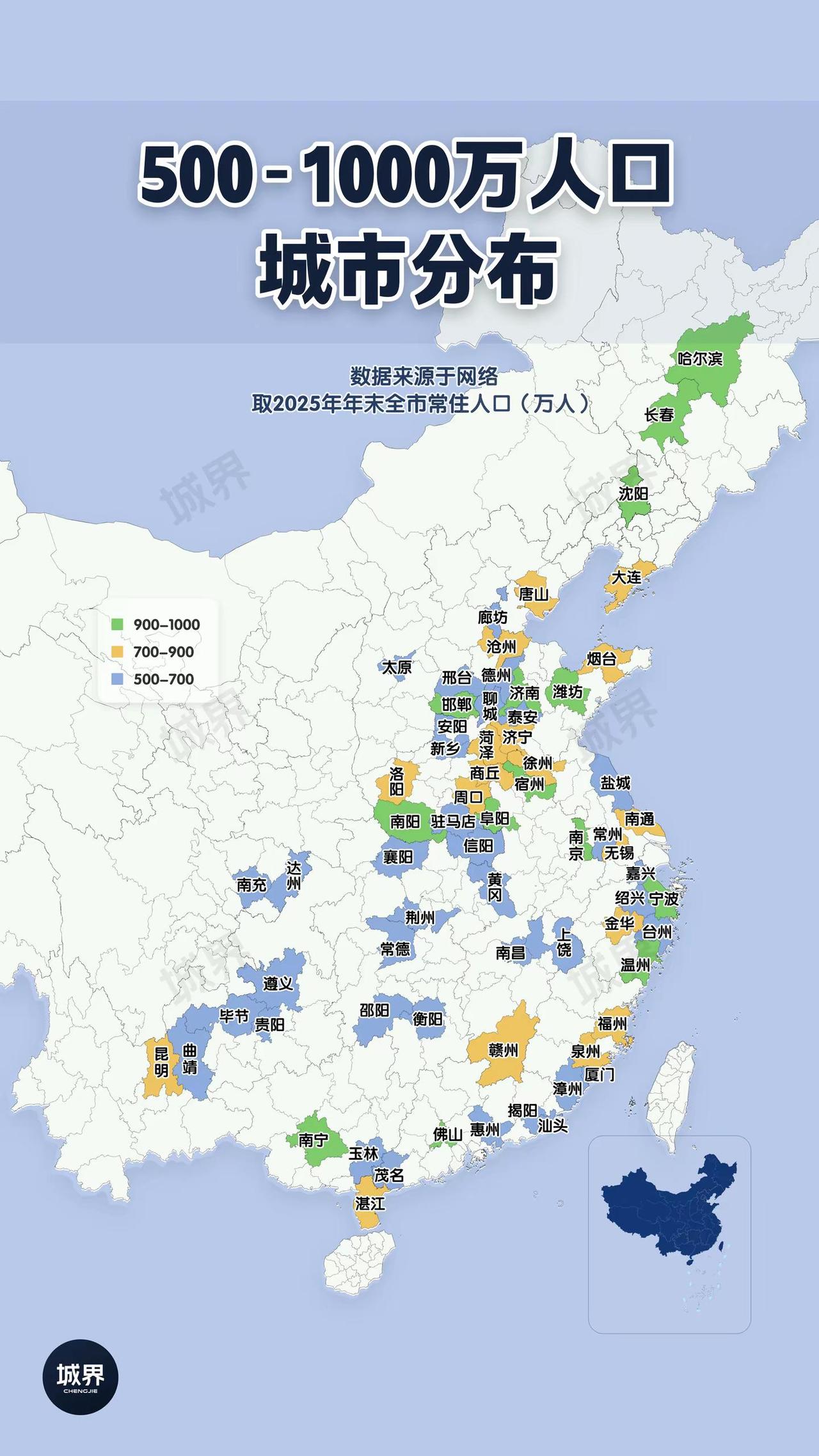 500万-1000万人口城市分布。千万人口超大城市备受关注，而500–1000
