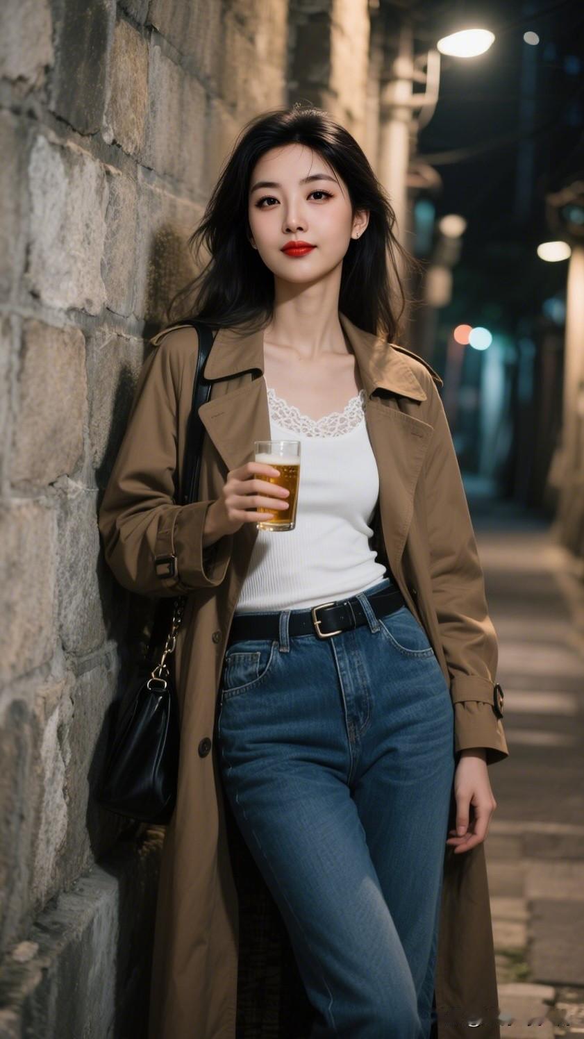 红妆倚石墙，清酒映月明。用镜头记录生活的美夜晚的街头，轻奢穿搭，手拿饮品，尽显