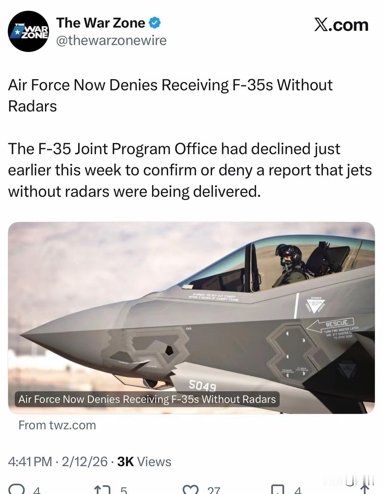 据《战区》网站报道，美国空军接收的所有35均装备了APG-81雷达，APG-85