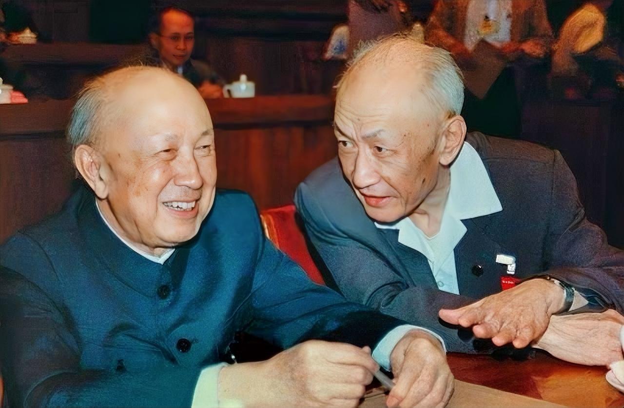 1991年，人民大会堂，80岁的钱学森和68岁的朱光亚的一张珍贵合影，两人是“两