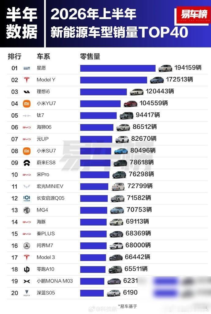 上半年新能源车销量前二十名出来了。我说句实在的，这榜单看着就俩字——分化。先看