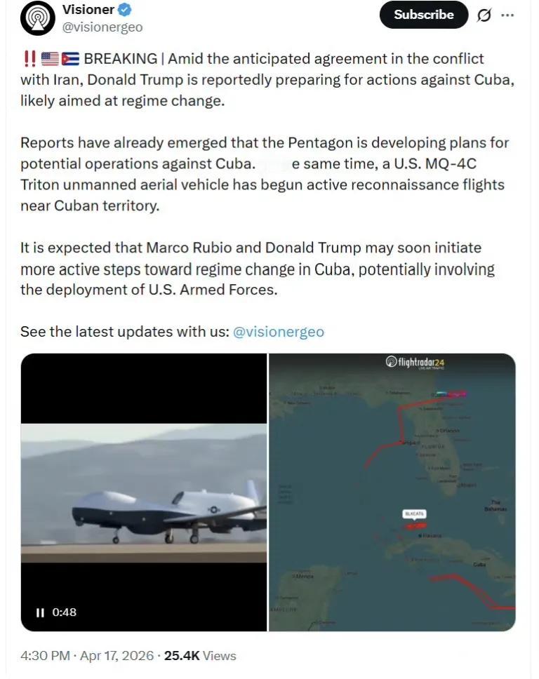 美国海军MQ-4C“人鱼海神”战略无人机在古巴附近空域进行长达12小时的盘旋飞行