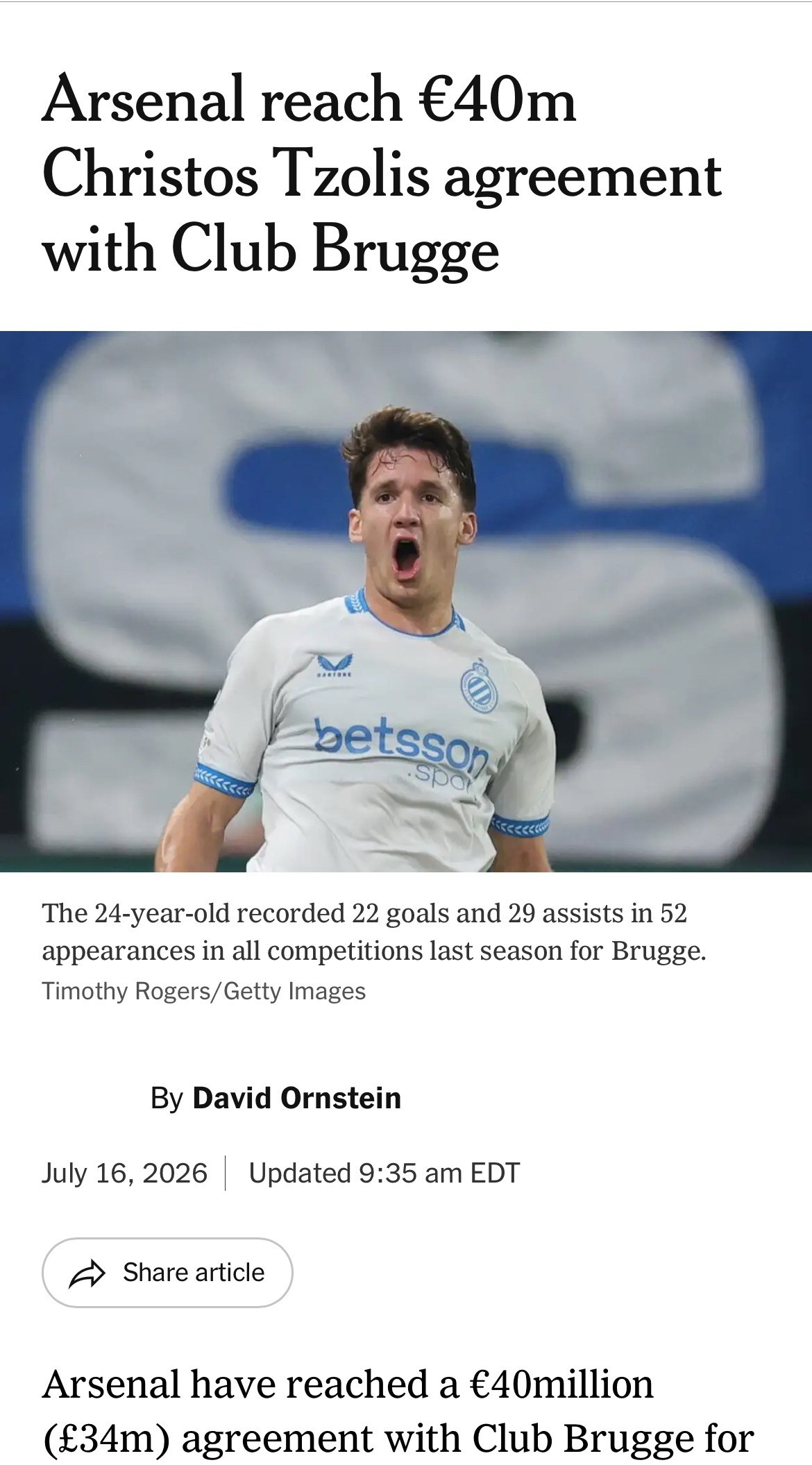TheAthleticDavidOrnstein：阿森纳与布鲁日俱乐部就克