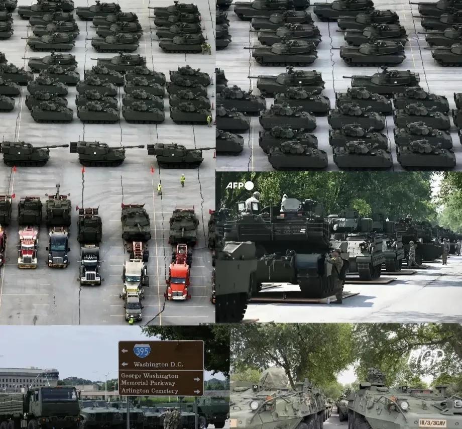 照片上是美军准备参加建国250周年庆典大阅兵的坦克装甲车辆，可以看到美军装甲车辆