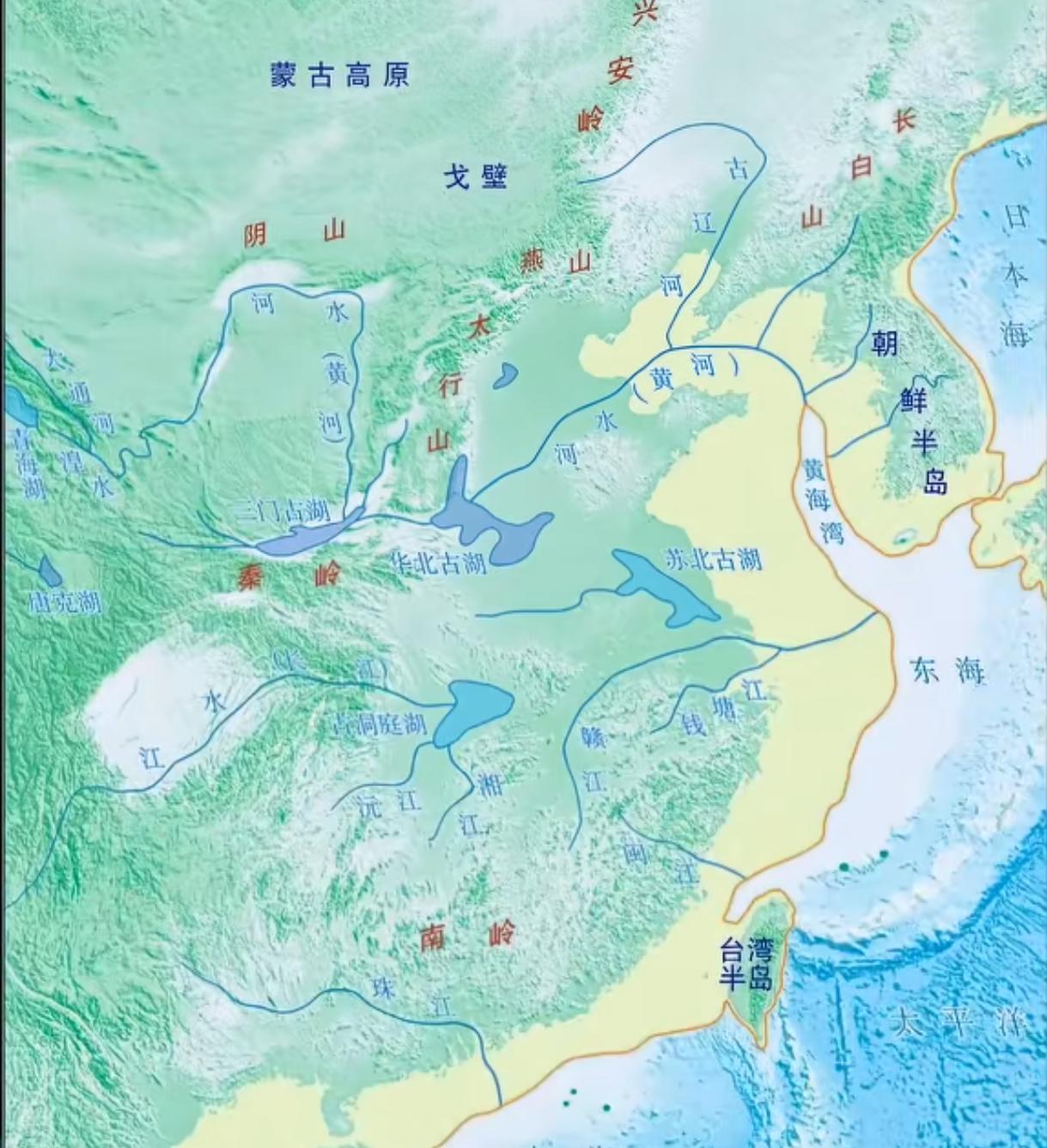 这是4万年前中国东部的海岸线。4万年前，青藏高原抬升造成地上悬海还没形成大洪水。