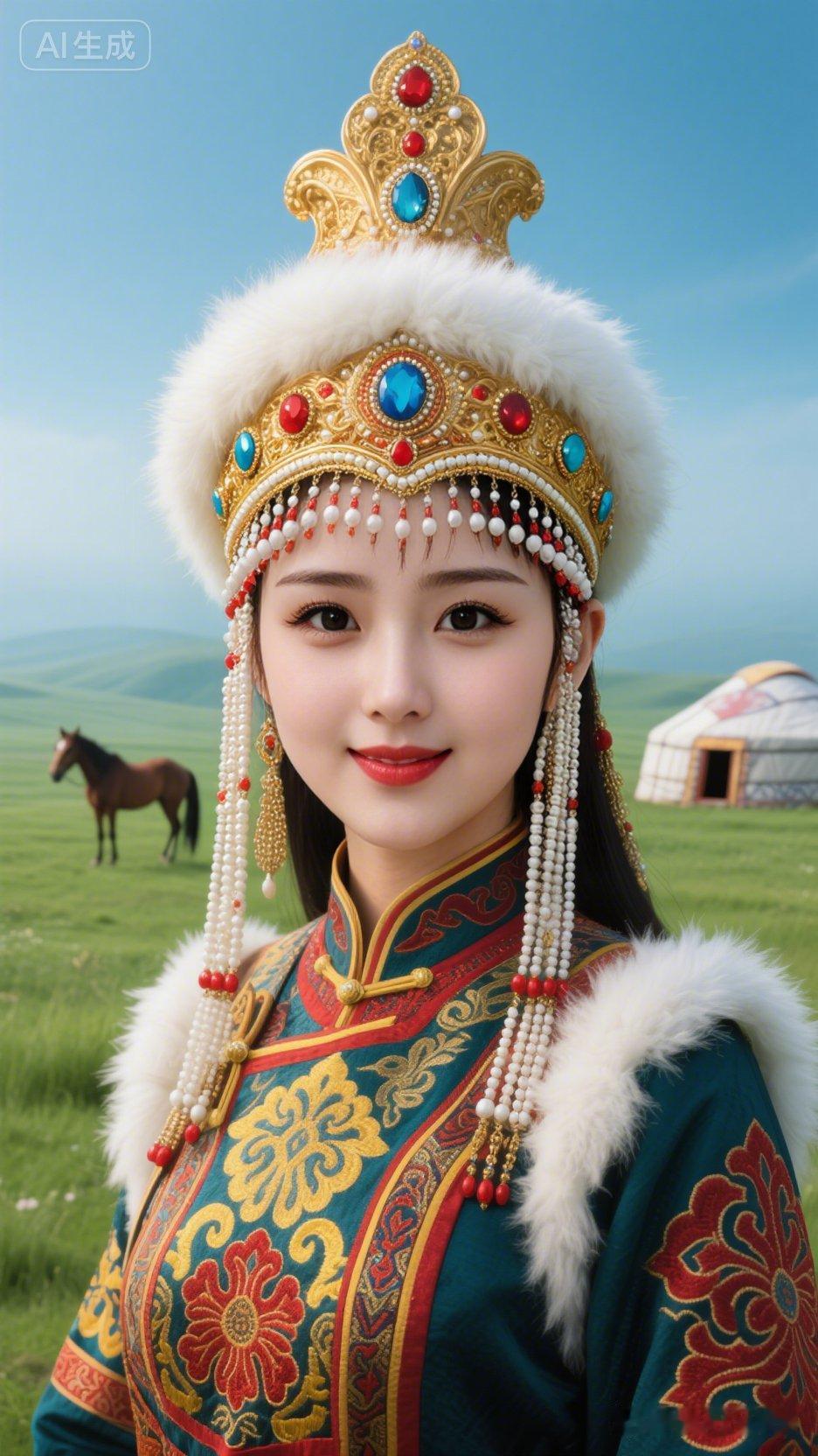 穿着华丽服饰的美女在草原上。