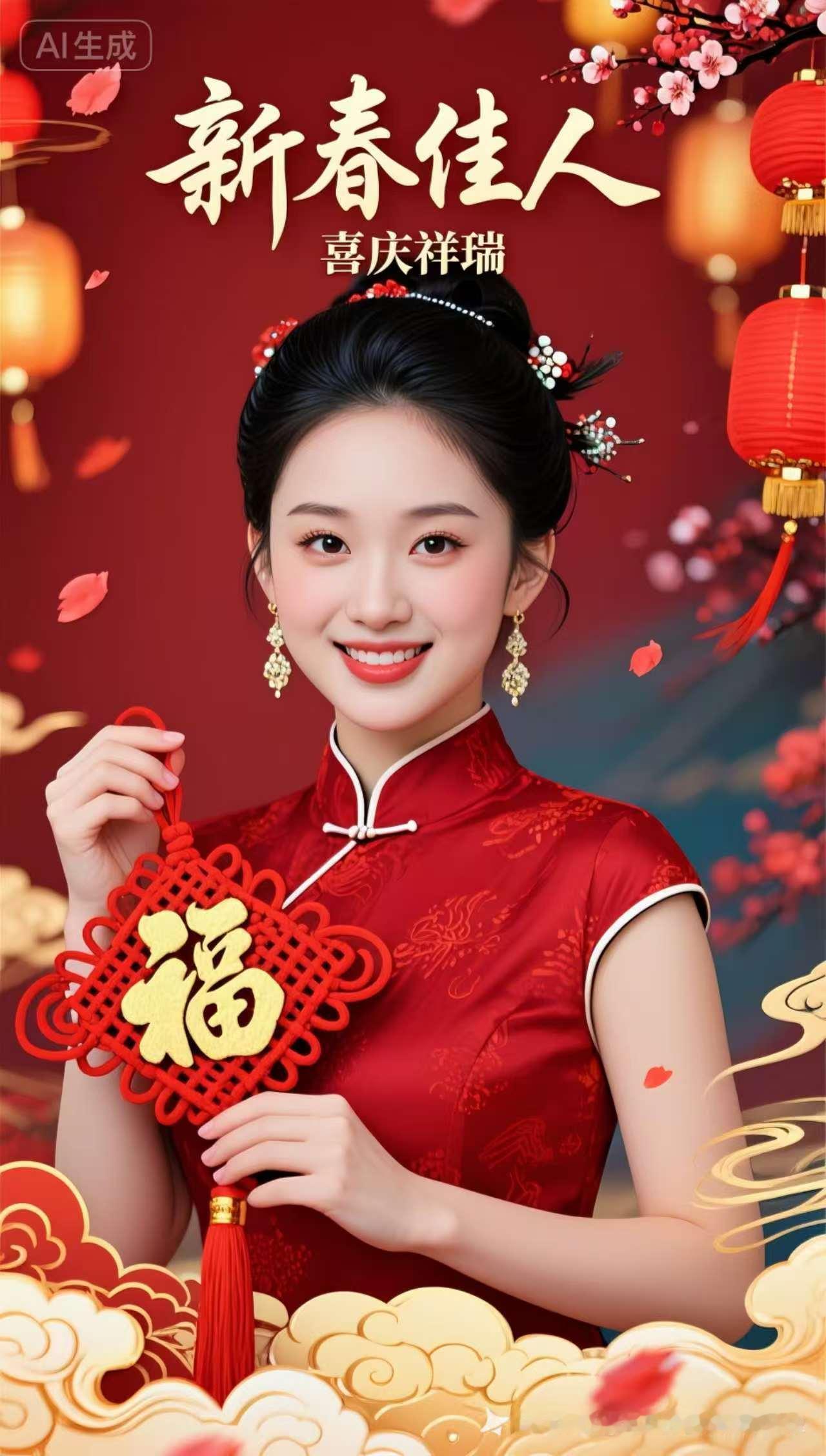 这位美女穿着旗袍，手持福字装饰。