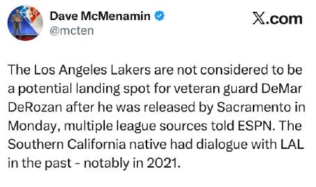 Dave McMenamin：德罗赞于周一被国王队裁掉后，洛杉矶湖人队...
