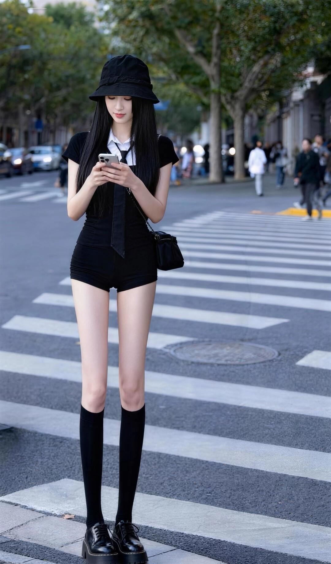 黑色短裤搭配黑色长袜，简约又时尚，搭配黑色渔夫帽，酷感十足！