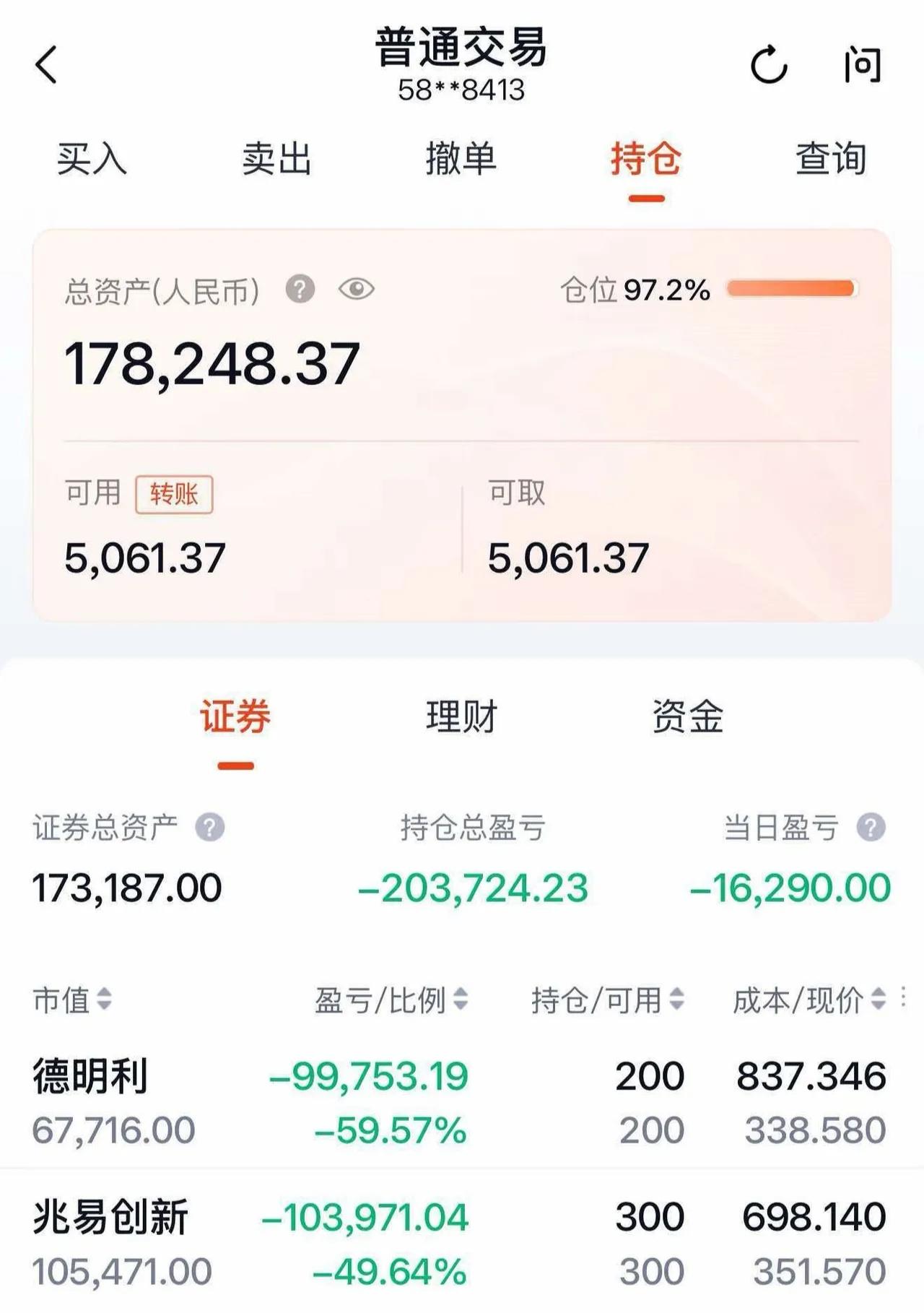 一位股民的持仓图，德明利亏损60％，兆易创新亏损50％。不夸张的讲，这位股民是科