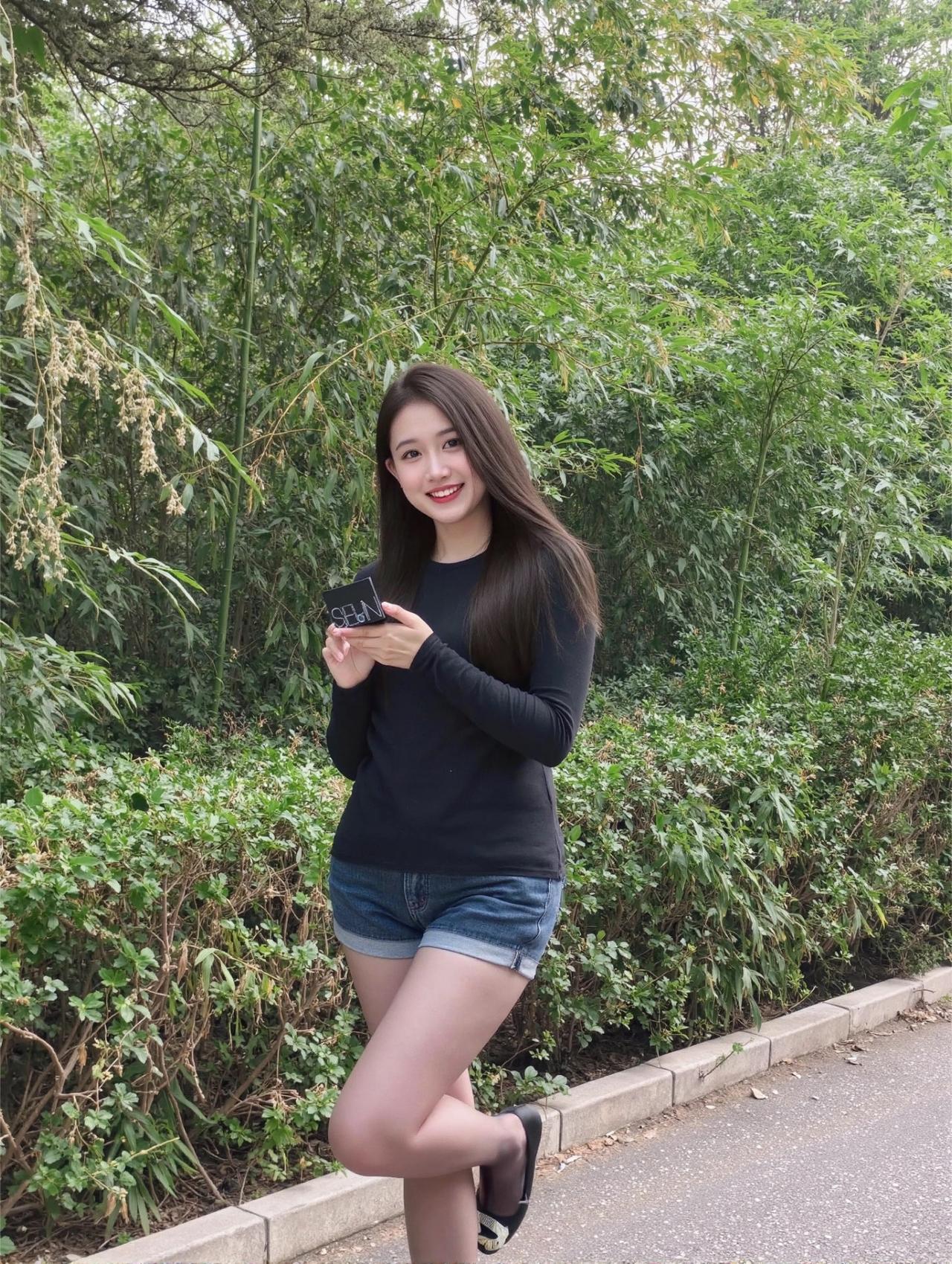 |||在绿植旁随手拍，整组画面很清爽。黑色修身长袖搭配卷边牛仔短裤，脚上是黑色