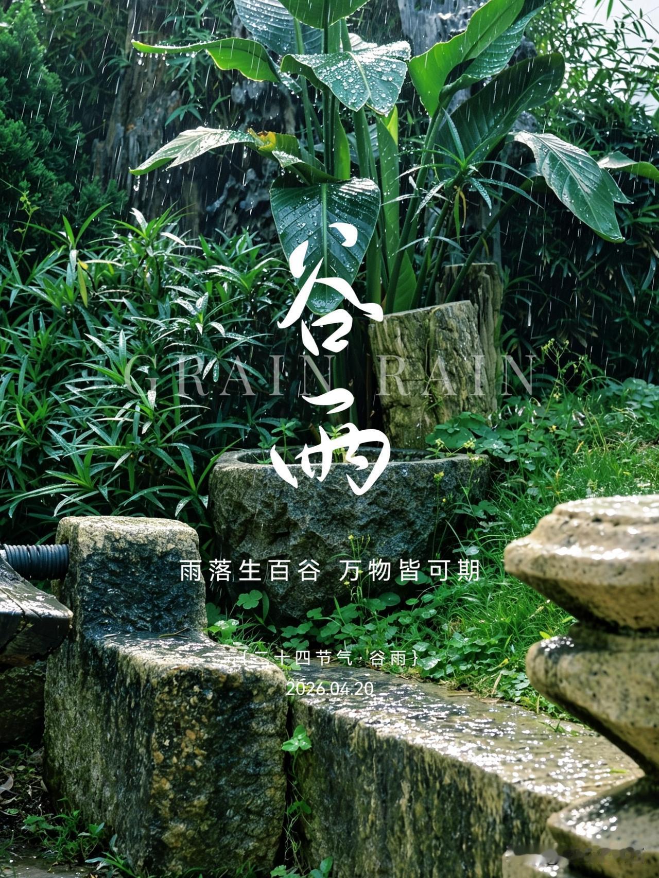 《谷雨闲庭，竹雨荷风》雨落桉庭谷雨之际，雨洒古园。青石阶上，雨珠莹润；