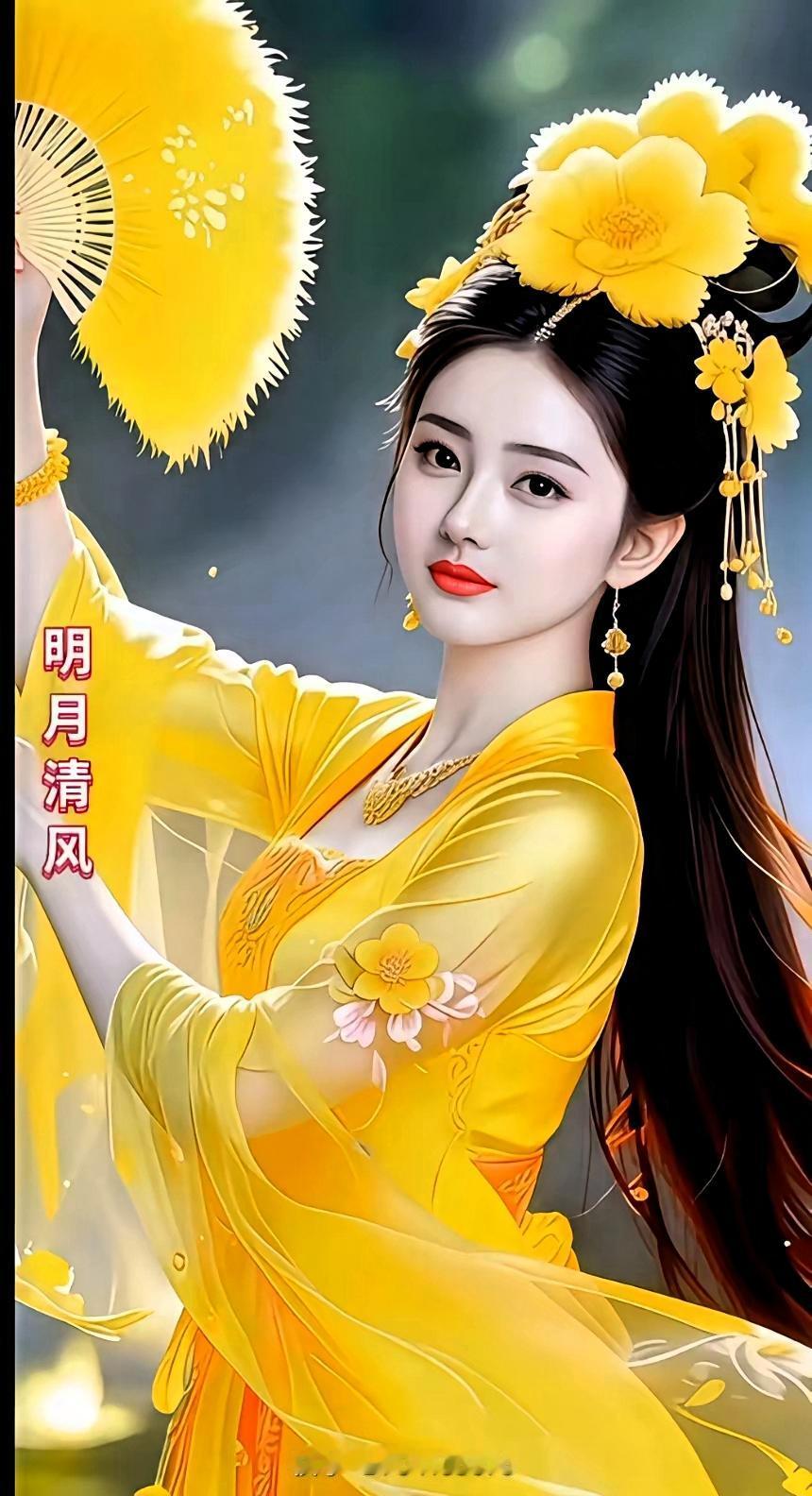 月色清风的古典美人，黄衣飘逸，韵味十足。